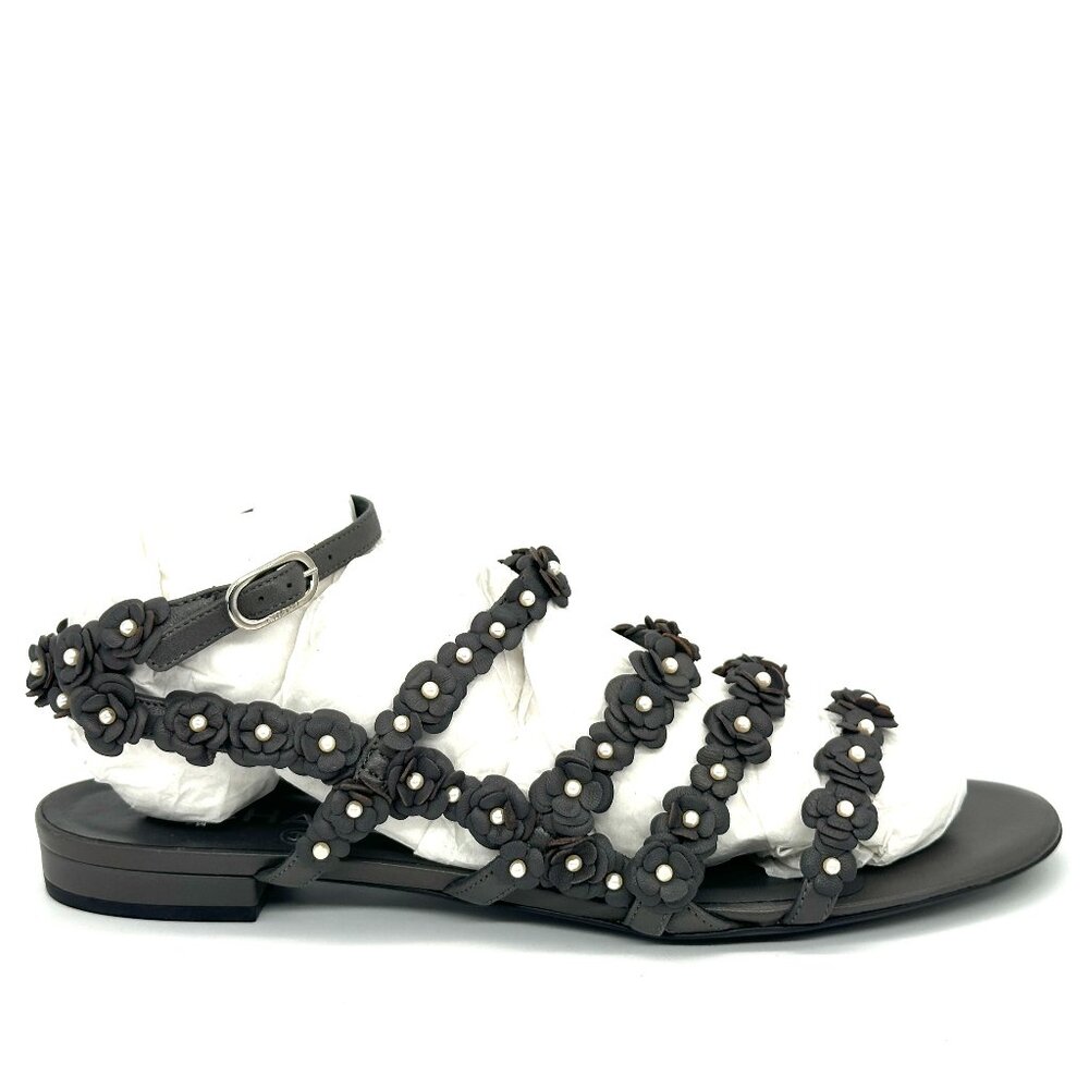 CHANEL 14P Pearl Embellished Camellia Strappy Leather Flat Gladiator Sandals
